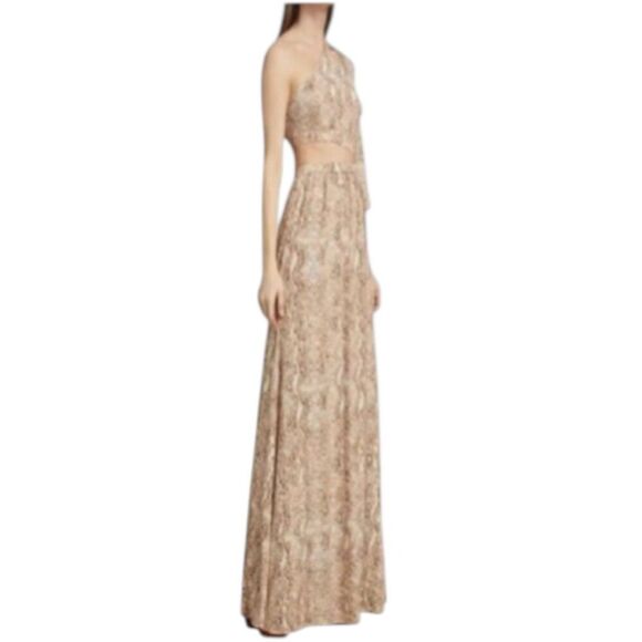 NEW L’AGENCE X-Small Sleek Neutral Maxi Dress Snakeskin Print One Shoulder Party - Picture 2 of 13